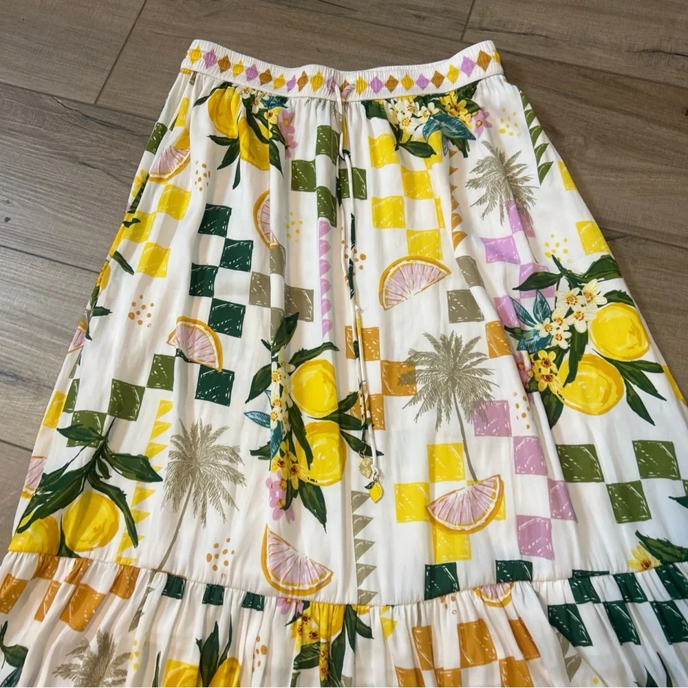 Rachel Zoe Maxi Skirt Lemons Palm Trees Peplum Cruise Festival Travel Size S - Picture 3 of 7